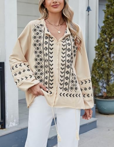 Womens Boho Embroidered Tops Floral Babydoll Tops Long Sleeve V Neck Peasant Blouses Mexican Shirt