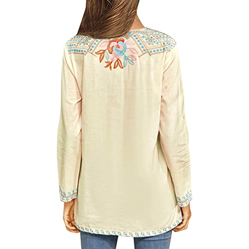 Women's Embroidered Tops Mexican Shirt V Neck Summer Casual Tops Peasant Tunic Loose Blouse