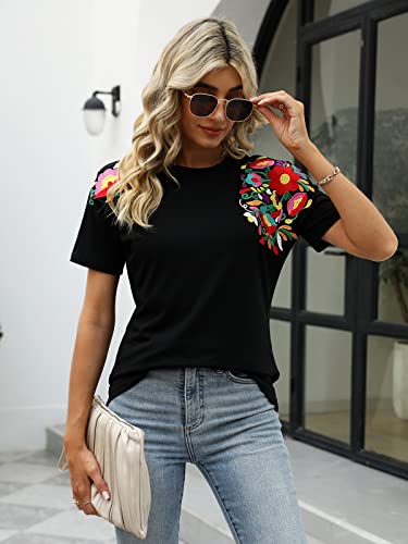 Mexican Shirts for Women Embroidered Tops Traditional Summer Blouse Women's Floral Tunic Round Neck Short Sleeve