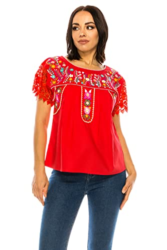 Women Traditional Puebla Mexican Embroidered Blouse