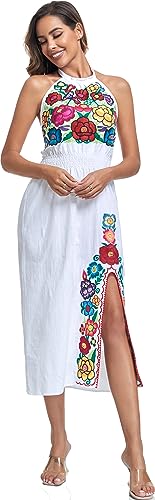 Women's Mexican Floral Embroidered Halter Neck Split Sleeveless Ruffle Party Long Dresses