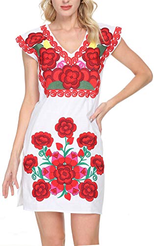 Women Mexican Embroidered Dress Ruffle Collar Sleeveless