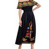 Women's Mexican Floral Dress Traditional Off Shoulder Flower Print Smocked Cinco De Mayo Midi Dress