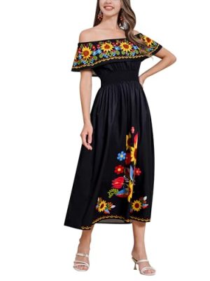 Women's Mexican Floral Dress Traditional Off Shoulder Flower Print Smocked Cinco De Mayo Midi Dress