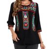 Women's 3/4 Sleeve Mexican Shirts Embroidered Tops Floral Boho Peasant Blouse Ethnic Style Casual Loose Tunics