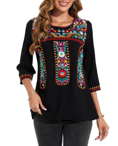 Women's 3/4 Sleeve Mexican Shirts Embroidered Tops Floral Boho Peasant Blouse Ethnic Style Casual Loose Tunics