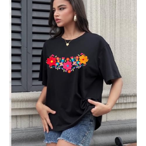 Women's Mexican Shirts Embroidered Oversized T Shirt Boho Floral Tee Vintage Flowers Graphic Tee Tops