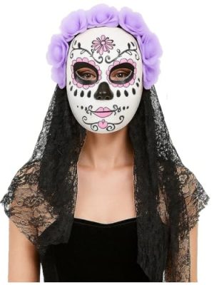 Mexican Day of the Dead Mask for Women Dia de los Muertos Headpiece Full Skeleton Skull Flower Mask, Festival Cosplay