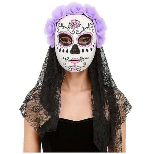 Mexican Day of the Dead Mask for Women Dia de los Muertos Headpiece Full Skeleton Skull Flower Mask, Festival Cosplay