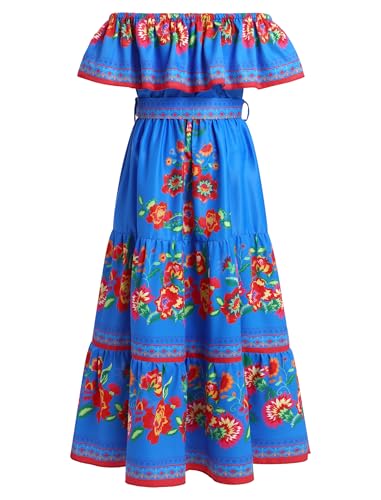 Girls Mexican Dress Spring Summer Off-Shoulder Ruffle Traditional Folk Maxi Dress Belted Cinco De Mayo Fiesta Sundress