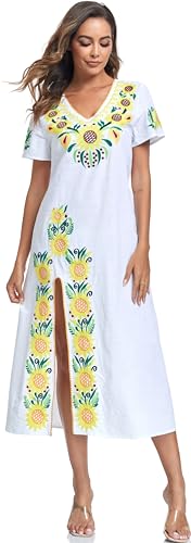 Women Mexican Embroidered Dress V Neck Sexy Maxi Short Sleeve Casual Beach Split Dress