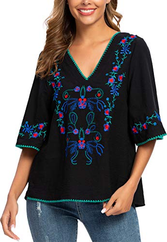 Women's Summer Peasant Blouses Boho Embroidery Mexican Bohemian Tops Shirt Tunic Blouses