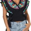 Women Mexican Embroidered Off-Shoulder Shirt Lace Falbala Top
