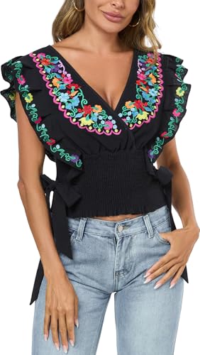 Women Mexican Embroidered Off-Shoulder Shirt Lace Falbala Top