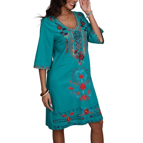 Women’s Embroidered Mexican Fiesta Dress Plus Size Traditional Floral Boho Dresses for Women Peasant Hippie Outfit