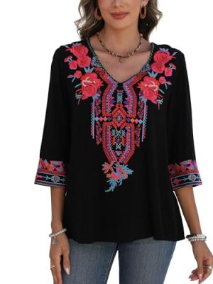 Mexican Embroidered Tops for Women Boho Floral 3/4 Sleeve Peasant Blouses Summer Casual Boho Clothes Hippie Shirt