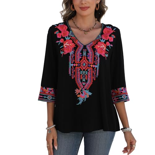 Mexican Embroidered Tops for Women Boho Floral 3/4 Sleeve Peasant Blouses Summer Casual Boho Clothes Hippie Shirt