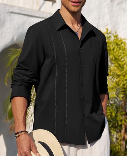 Mens Cuban Guayabera Shirt Button Down Long Sleeve Summer Beach