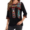 Women's 3/4 Sleeve Mexican Shirts Embroidered Tops Floral Boho Peasant Blouse Ethnic Style Casual Loose Tunics