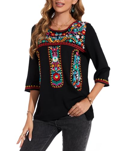 Women's 3/4 Sleeve Mexican Shirts Embroidered Tops Floral Boho Peasant Blouse Ethnic Style Casual Loose Tunics