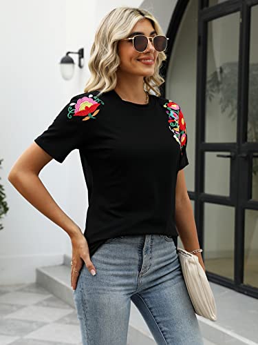 Mexican Shirts for Women Embroidered Tops Traditional Summer Blouse Women's Floral Tunic Round Neck Short Sleeve