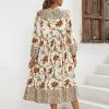 Womens Women's Long Sleeve Floral Print Retro V Neck Tassel Bohemian Midi Dresses
