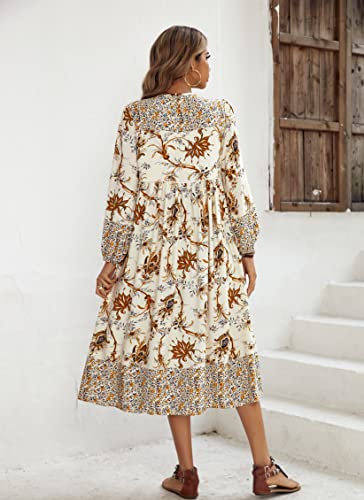 Womens Women's Long Sleeve Floral Print Retro V Neck Tassel Bohemian Midi Dresses