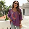 Women's Summer Boho Embroiderered Mexican Tops Bohemian V Neck 3/4 Sleeve Blouse for Women Causal Loose Hippie Shirt Tunic