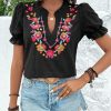 Women's Casual Floral Embroidered V Neck Boho Short Puff Sleeve Shirts Loose Summer Blouses Tops Fashion Clothes 2025