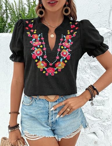 Women's Casual Floral Embroidered V Neck Boho Short Puff Sleeve Shirts Loose Summer Blouses Tops Fashion Clothes 2025