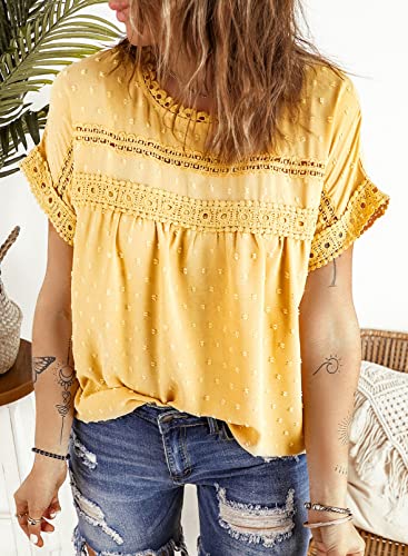 Womens Summer Tops Crewneck Lace Crochet Short Sleeve Shirts Casual Chiffon Blouses