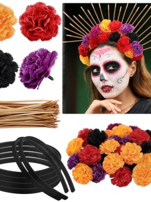 224 Pcs Day of The Dead Headpiece Mexican Flower Crown Headband Cosplay for Party Marigold DIY Set Halloween Headdress Mexican