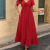 Womens Spring Dresses 2025 Casual Short Sleeve V Neck Drawstring Wedding Guest Maxi Dresses Boho Beach Long Dress