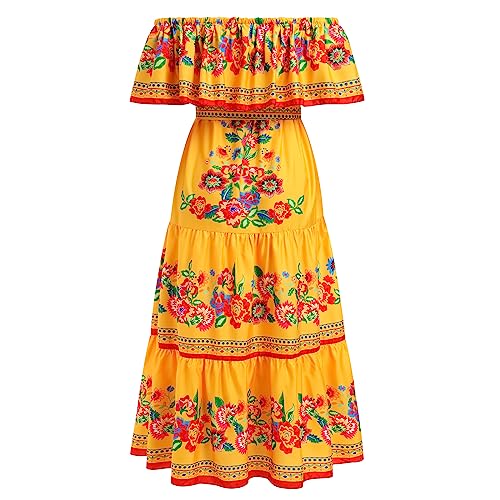 Mexican Dress for Women Off Shoulder Floral Print Long Maxi Dress Summer Sleeveless Party Vacation Dresses with Belt