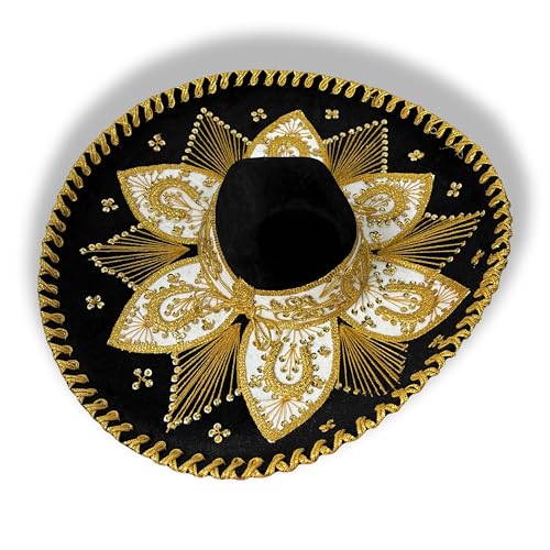 Authentic Mariachi Charro Sombrero - Traditional Mexican Hat with Unique Embroidery, Black Gold (Design and Color May Vary)
