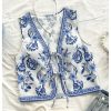 Women's Floral Bow Tie Front Tops V Neck Sleeveless Crop Boho Country Concert Vest Top