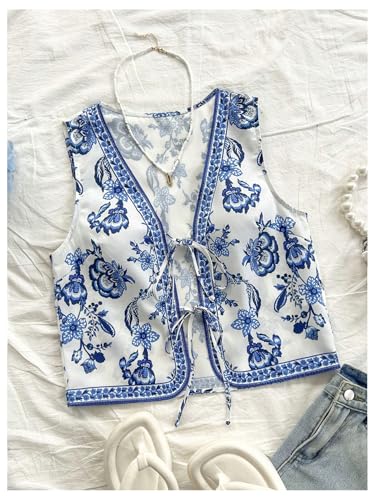 Women's Floral Bow Tie Front Tops V Neck Sleeveless Crop Boho Country Concert Vest Top