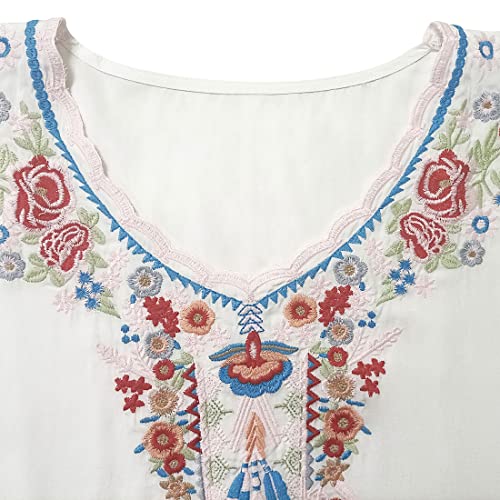 Women's Summer V Neck Boho Embroidered Mexican Shirts Short Sleeve Casual Tops Blouse
