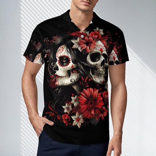 Mexican Day of The Dead Women Goth Novelty Golf Shirt Polo Shirts Short Sleeve for Men Casual Tops with Pocket