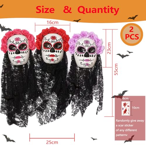 Mexican Day of the Dead Mask for Women Dia de los Muertos Headpiece Full Skeleton Skull Flower Mask, Festival Cosplay