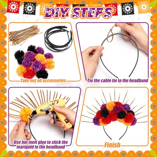 224 Pcs Day of The Dead Headpiece Mexican Flower Crown Headband Cosplay for Party Marigold DIY Set Halloween Headdress Mexican