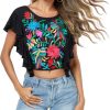 2025 Women's Embroidered Tops Boho Mexican Shirt Sexy Floral Ruffle Short Sleeve Backless Going Out Crop Tunics Top