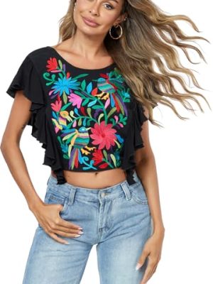 2025 Women's Embroidered Tops Boho Mexican Shirt Sexy Floral Ruffle Short Sleeve Backless Going Out Crop Tunics Top