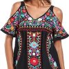 Women's Mexican Tops Cold Shoulder V Neck Sexy Blouse Short Sleeve Shirts Embroidered Floral Tunic