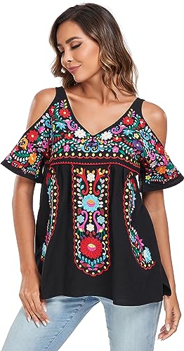 Women's Mexican Tops Cold Shoulder V Neck Sexy Blouse Short Sleeve Shirts Embroidered Floral Tunic