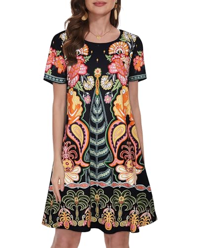 Summer Dresses for Women Casual Tshirt Short Sleeve Floral Sundress Beach Cover Ups with Pockets