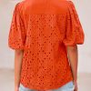 Women's Summer Tops 2025 Dressy Casual Short Sleeve V Neck Buttons Hollow Out Lace Embroidered Blouses Shirts