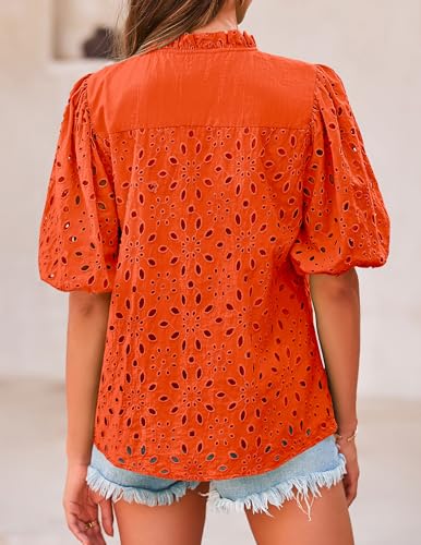 Women's Summer Tops 2025 Dressy Casual Short Sleeve V Neck Buttons Hollow Out Lace Embroidered Blouses Shirts