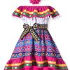 Toddler Girls Mexican Dress Little Girl Off Shoulder Bowknot Traditional Color Block Dresses