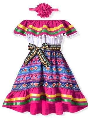 Toddler Girls Mexican Dress Little Girl Off Shoulder Bowknot Traditional Color Block Dresses